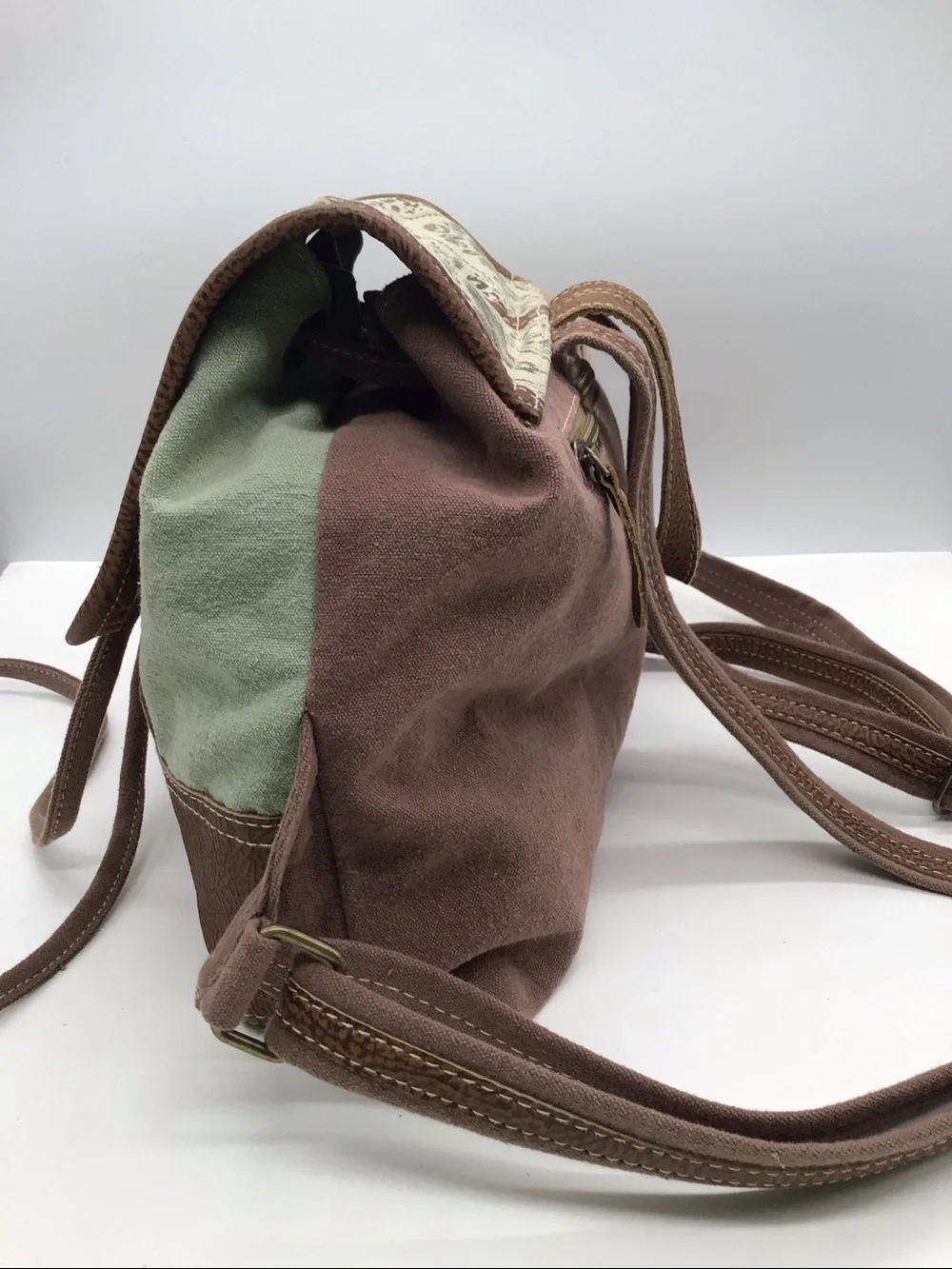 Myra Bag Solemn Boho Upcycle Brown Leather/ Green Canvas Backpack